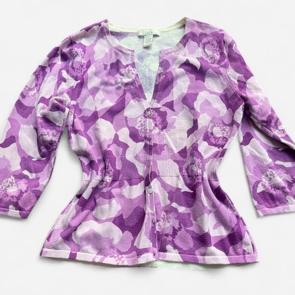 Lucy & Laurel Y2K Inspired Purple Floral Cardigan w 3/4 Sleeves Wide Sz Large